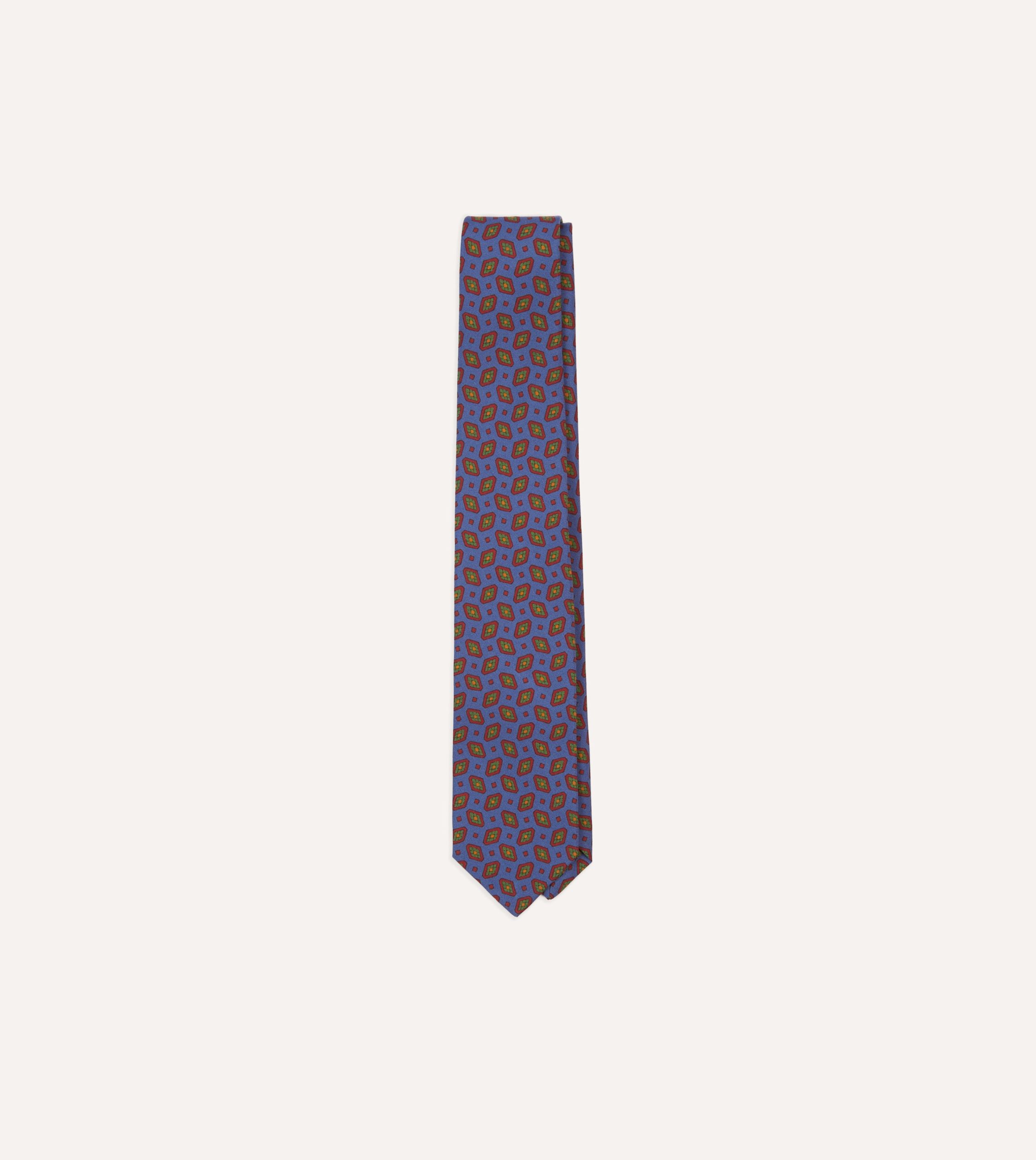 Blue Medallion Print Madder Silk Self-Tipped Tie