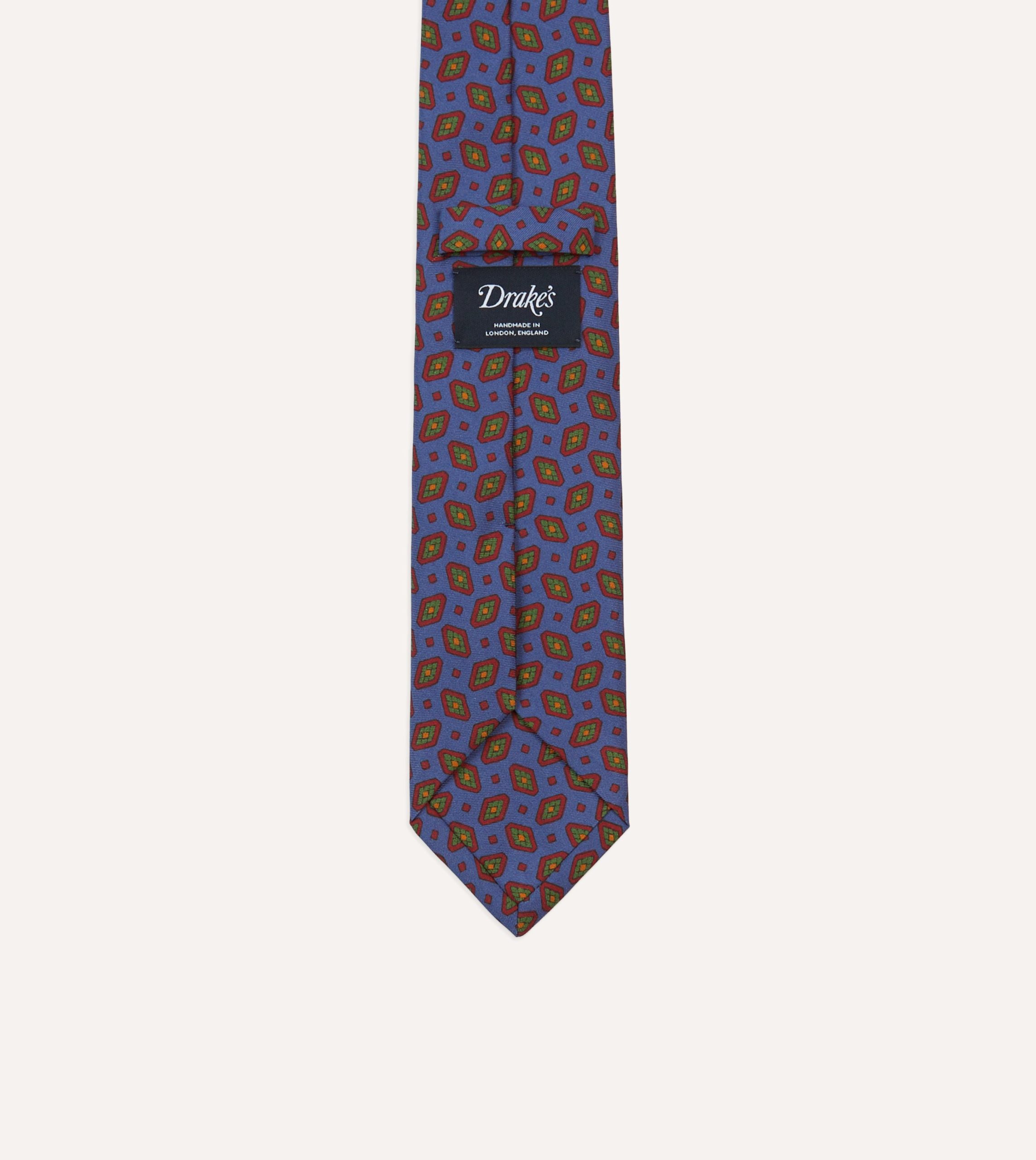 Blue Medallion Print Madder Silk Self-Tipped Tie - Image 4