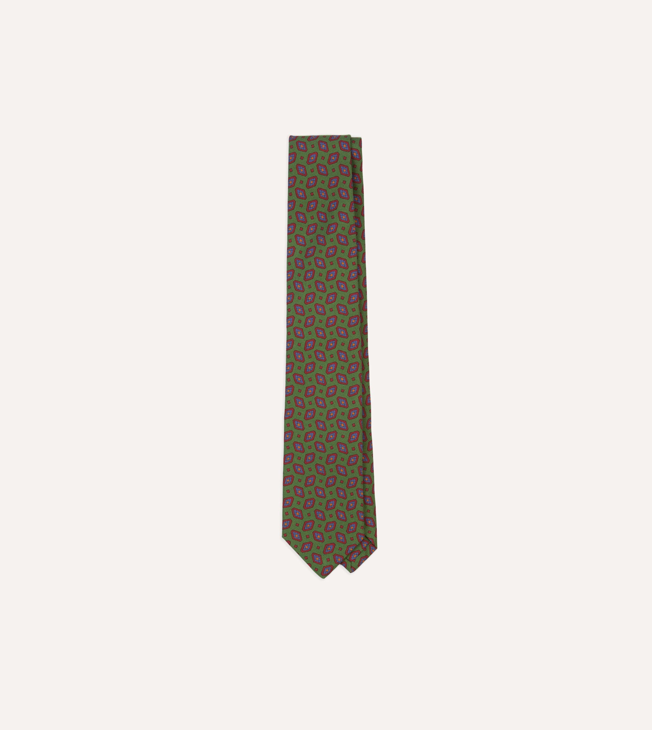 Green Medallion Print Madder Silk Self-Tipped Tie