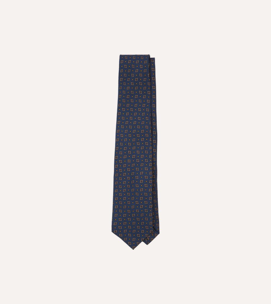 Navy Medallion Print Silk Twill Self Tipped Tie