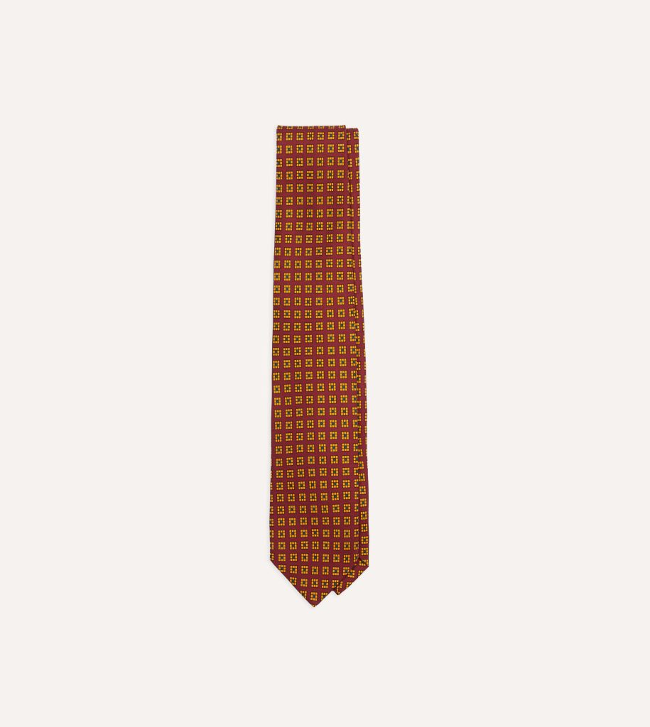Red and Yellow Tile Print Silk Self-Tipped Tie