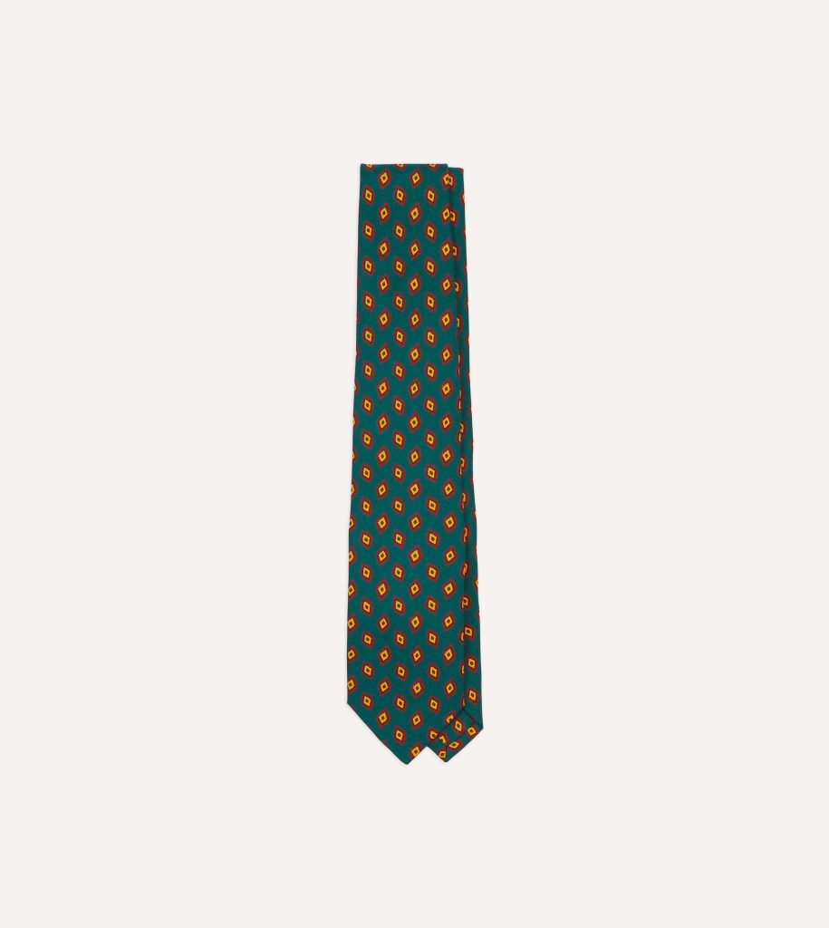 Green and Yellow Diamond Tile Print Silk Self-Tipped Tie