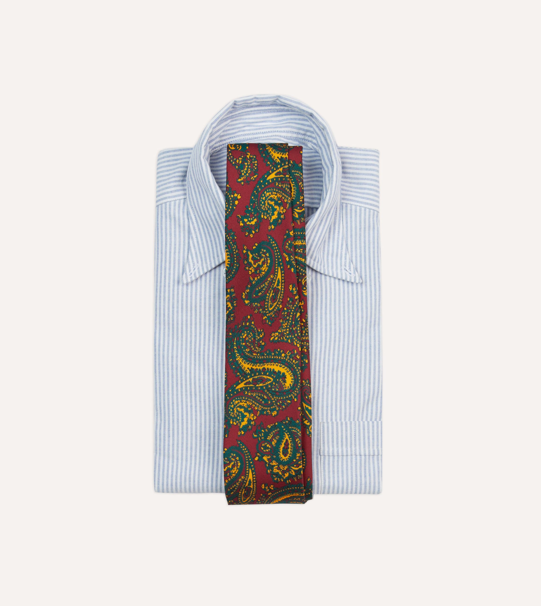 Red and Green Ornate Paisley Print Silk Self Tipped Tie