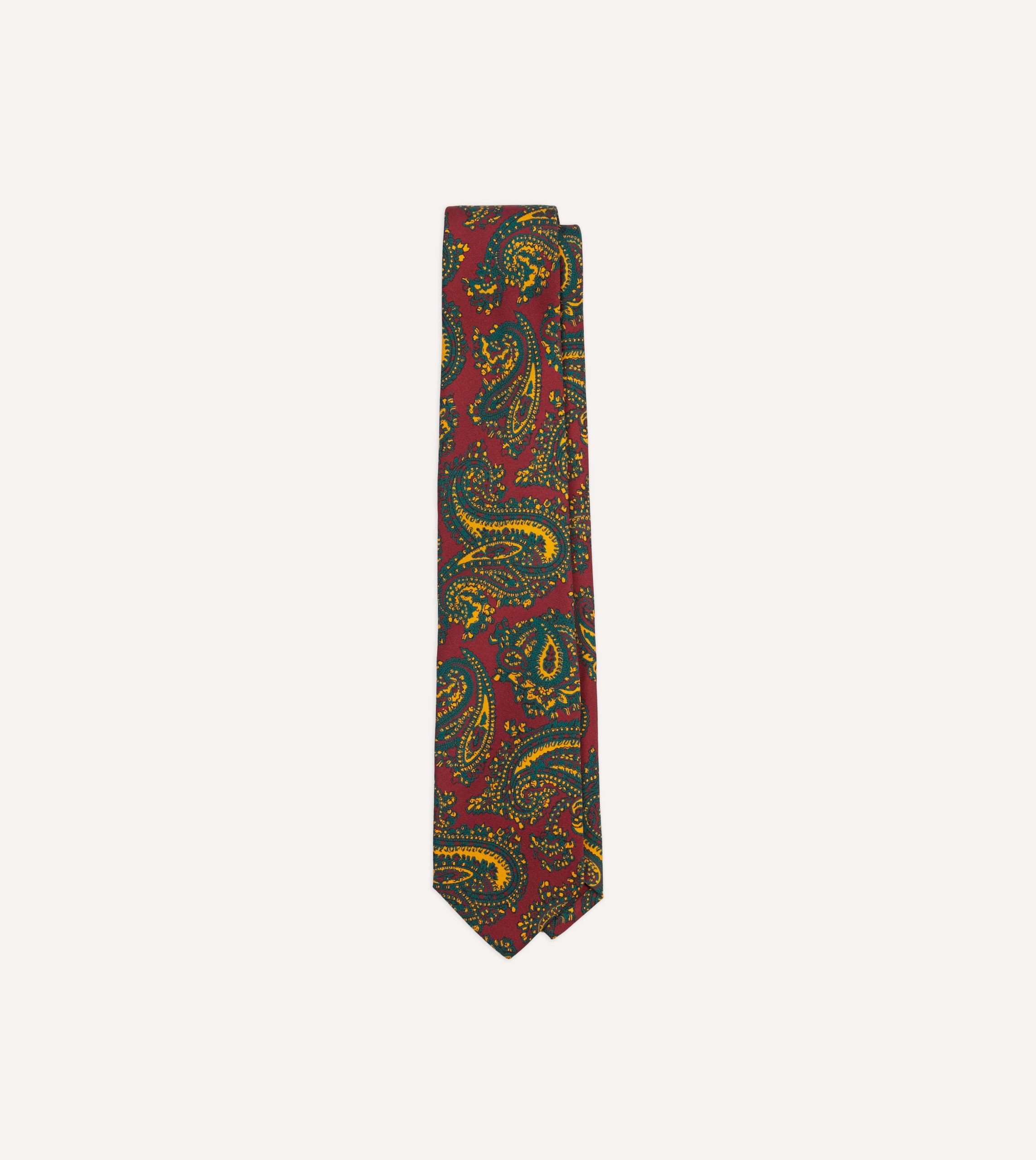 Red and Green Ornate Paisley Print Silk Self Tipped Tie - Image 2