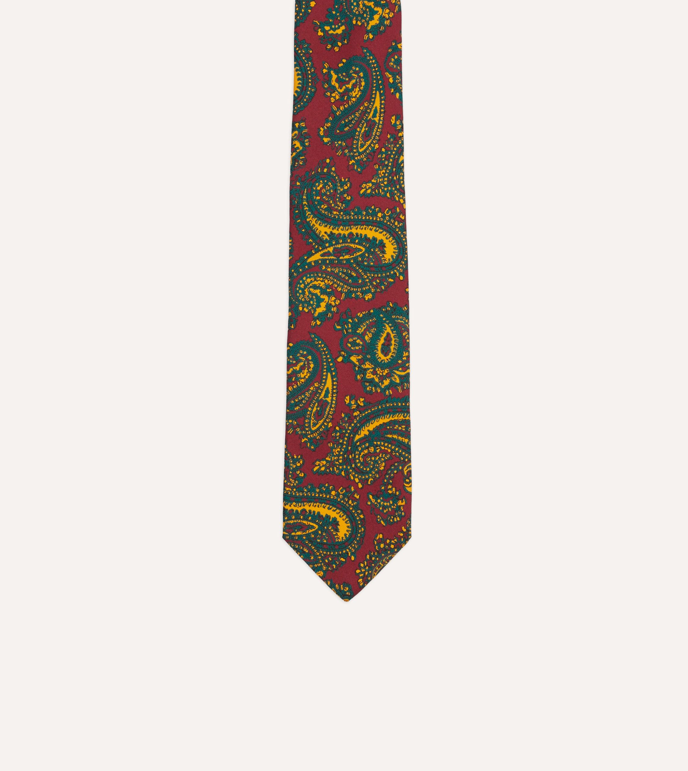 Red and Green Ornate Paisley Print Silk Self Tipped Tie - Image 3