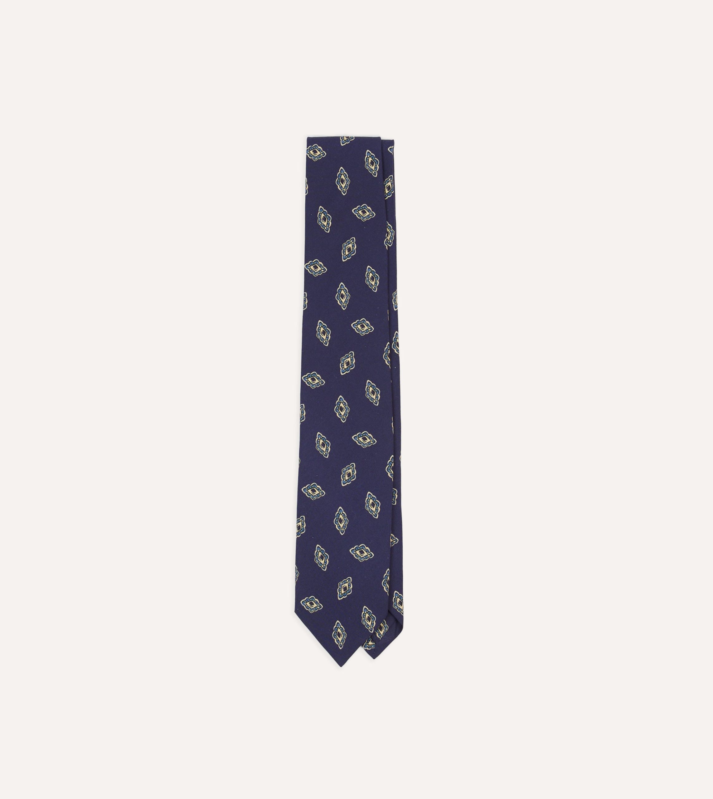 Navy Diamond Flower Print Silk Self-Tipped Tie