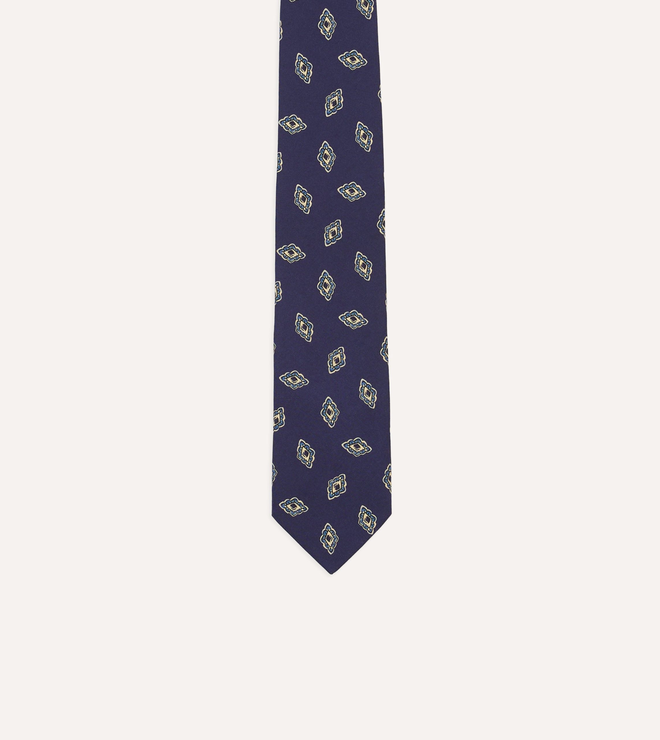 Navy Diamond Flower Print Silk Self-Tipped Tie - Image 3