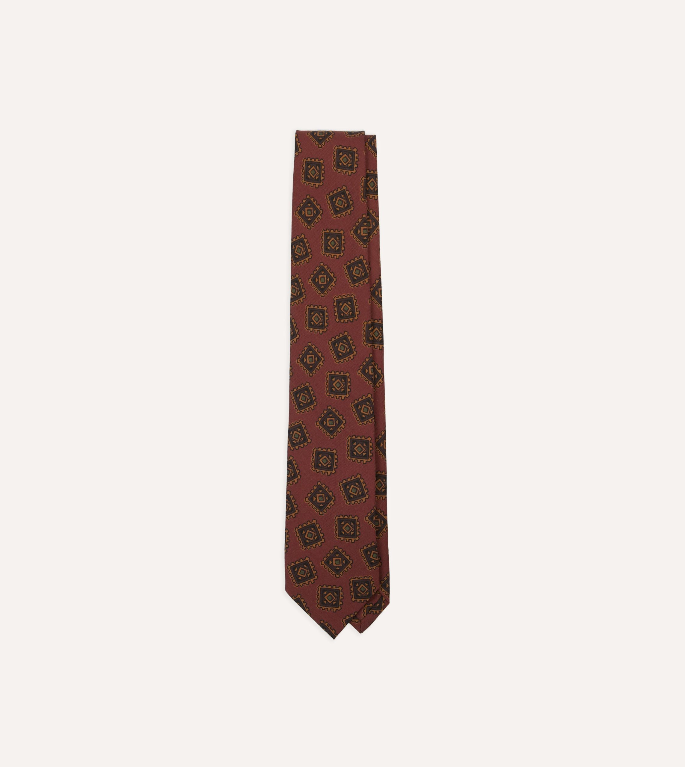 Brown Jumbled Tile Print Wool-Silk Self Tipped Tie