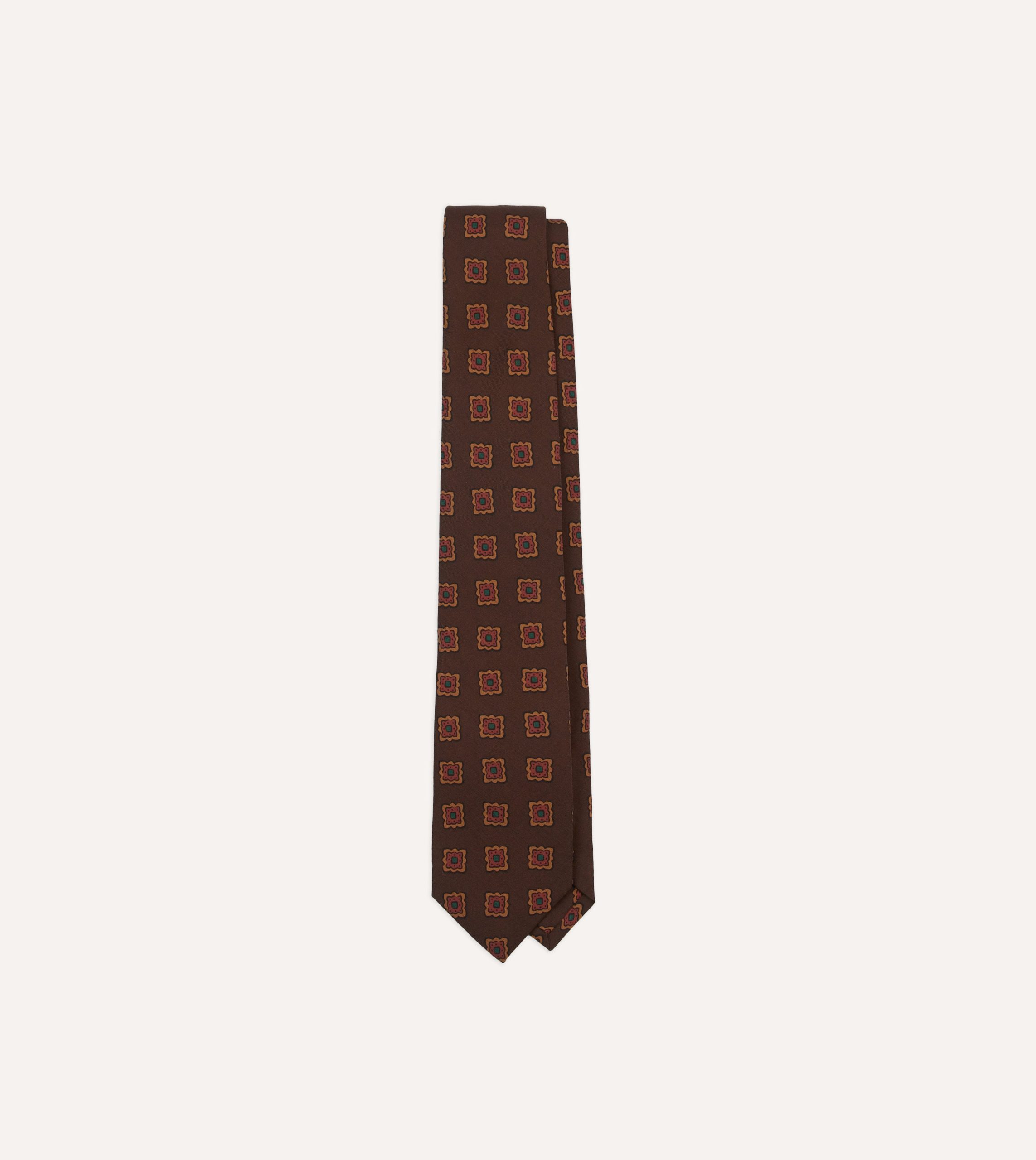 Brown Square Flower Medallion Print Wool-Silk Self Tipped Tie