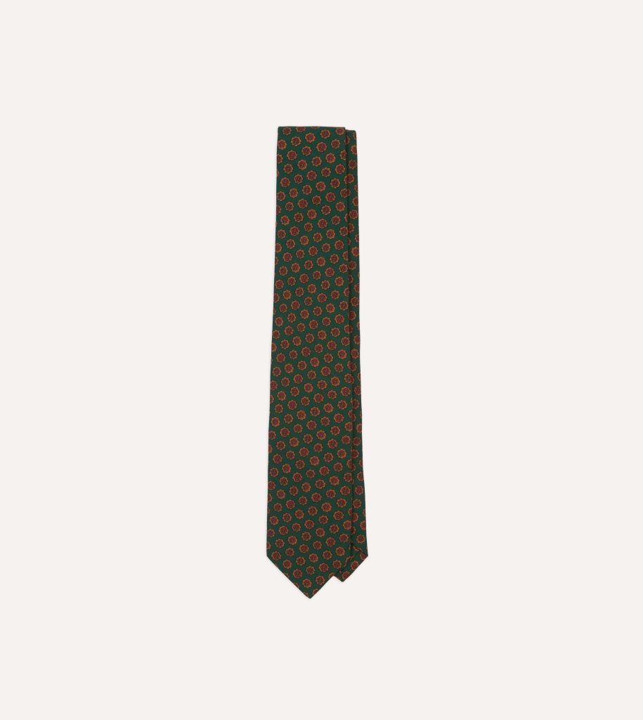 Green Floral Medallion Print Wool-Silk Self Tipped Tie