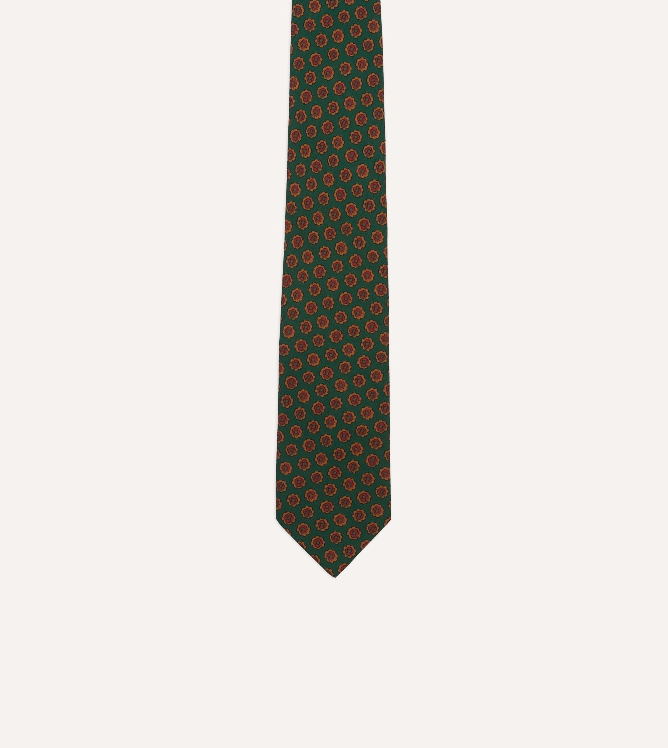 Green Floral Medallion Print Wool-Silk Self Tipped Tie - Image 3