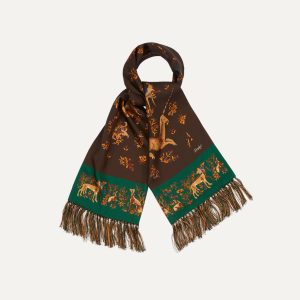 Brown Unicorn Print Tubular Silk Tasselled Scarf