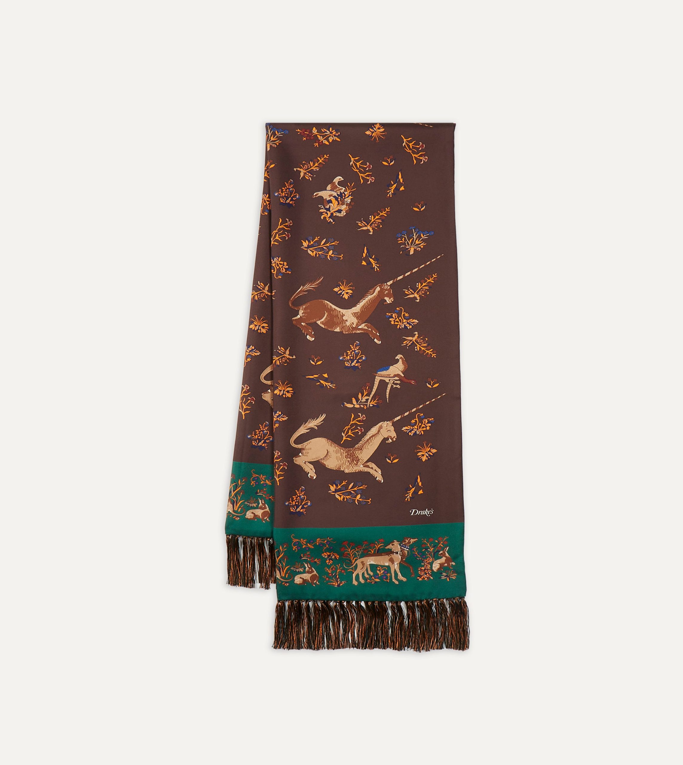 Brown Unicorn Print Tubular Silk Tasselled Scarf - Image 3