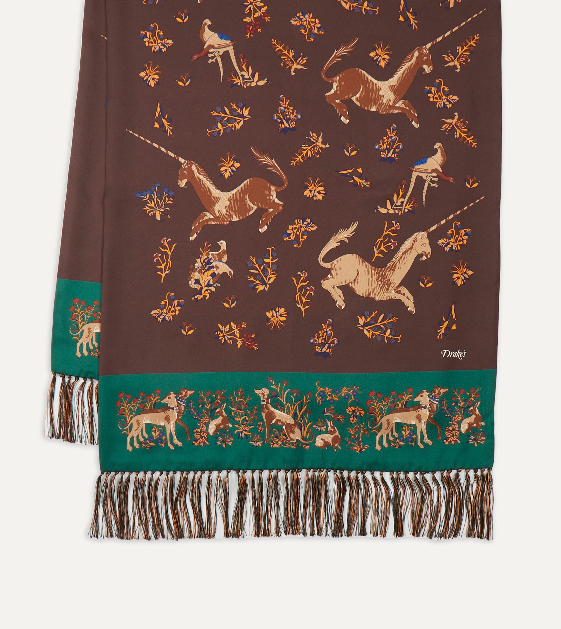 Brown Unicorn Print Tubular Silk Tasselled Scarf - Image 4