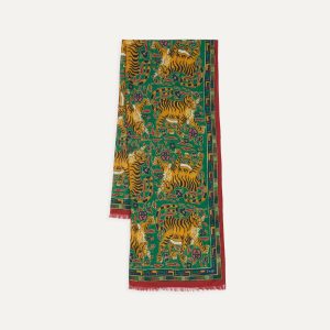 Green Jumbo Tiger Print Wool-Silk Scarf
