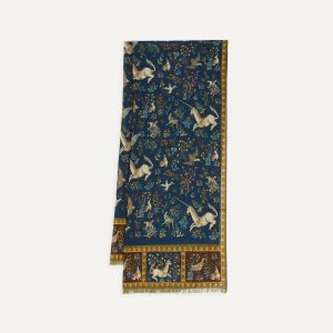 Navy Unicorn Print Wool-Silk Scarf