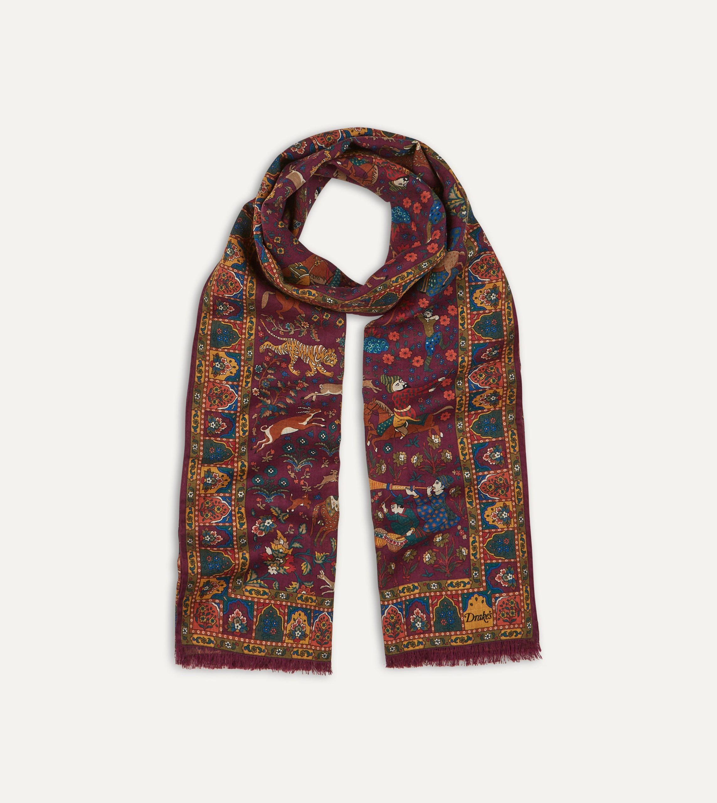 Magenta Mughal Hunter Print Wool-Silk Scarf - Image 3