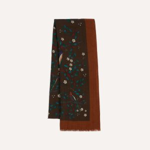 Brown Birds of Paradise Print Wool Scarf