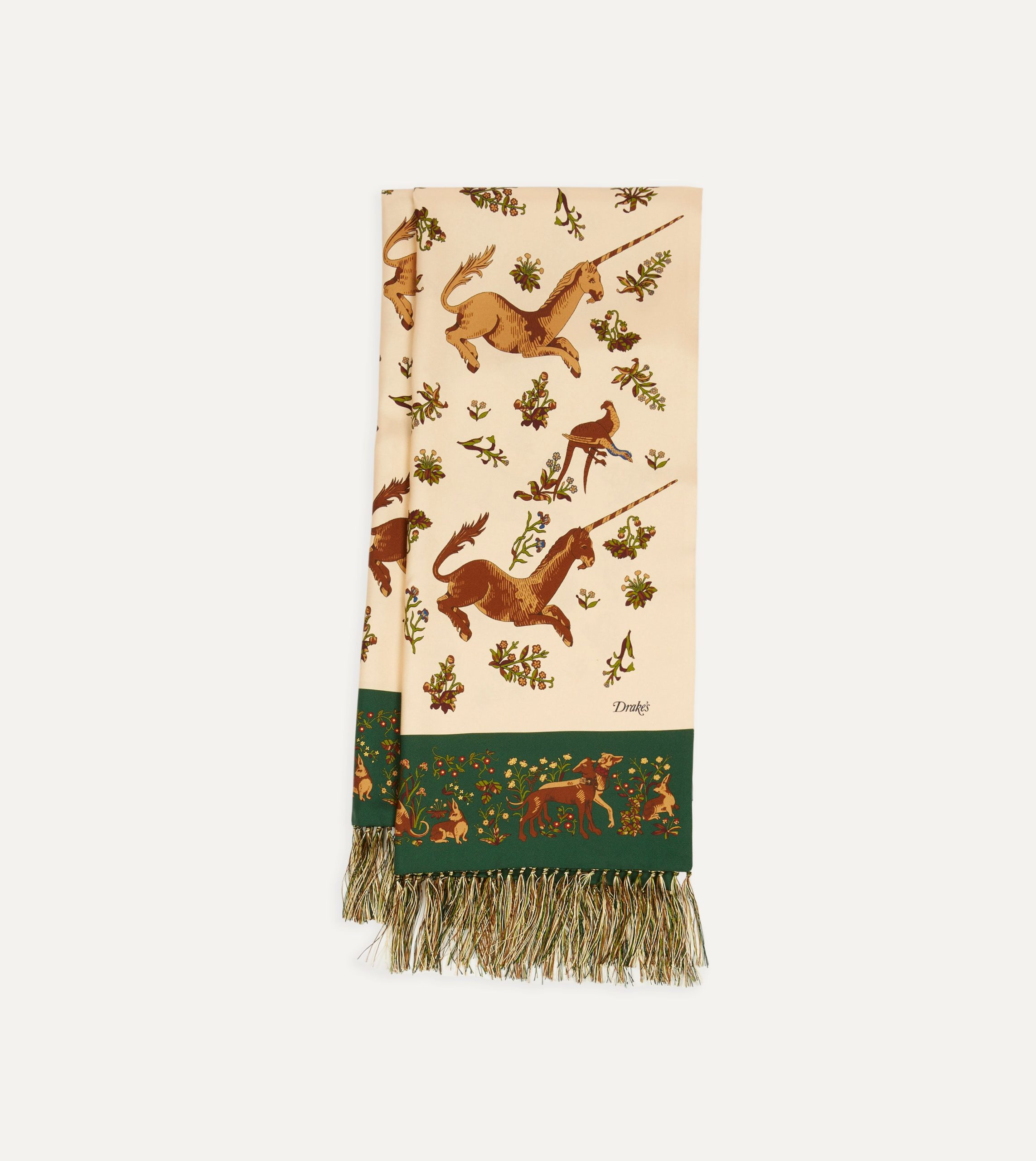 Ecru Unicorn Print Tubular Silk Tasselled Scarf - Image 3