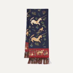Navy Unicorn Print Tubular Silk Tasselled Scarf