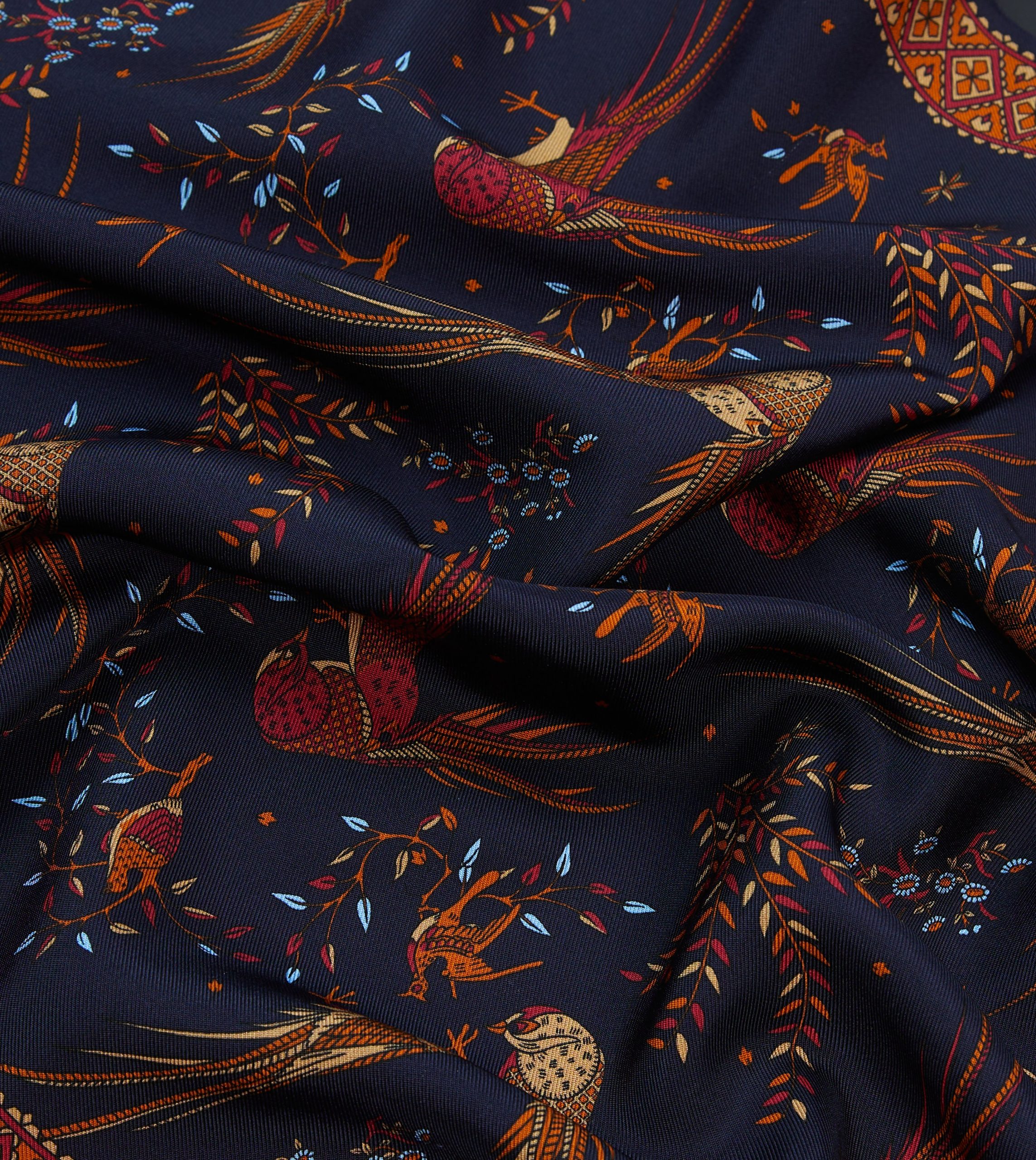 Navy Birds of Paradise Print Tubular Silk Tasselled Scarf - Image 2