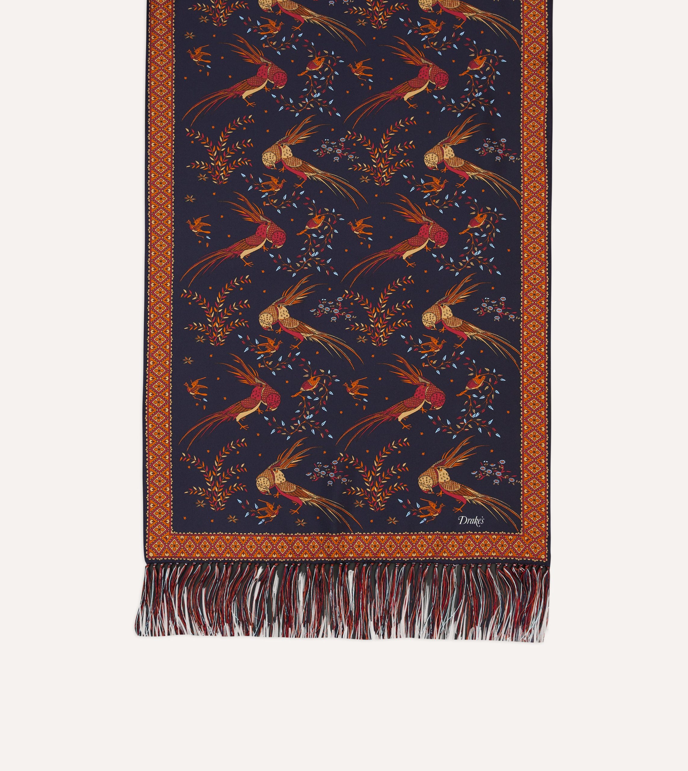 Navy Birds of Paradise Print Tubular Silk Tasselled Scarf - Image 4