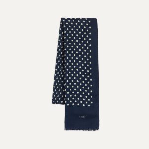 Navy Hand-Drawn Polka Dot Wool-Silk Scarf