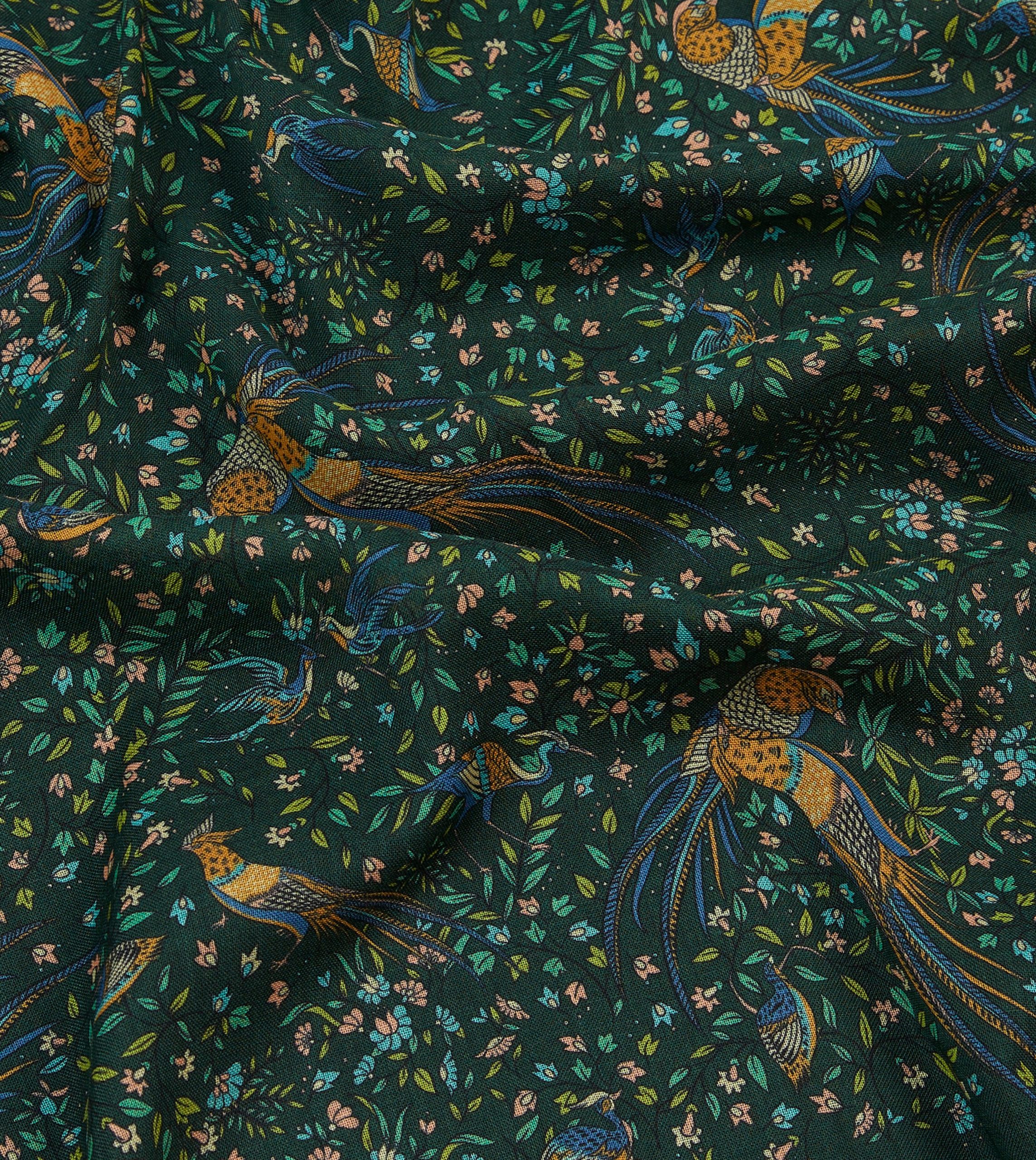 Green Floral Birds of Paradise Print Wool-Silk Scarf - Image 2