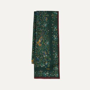 Green Floral Birds of Paradise Print Wool-Silk Scarf