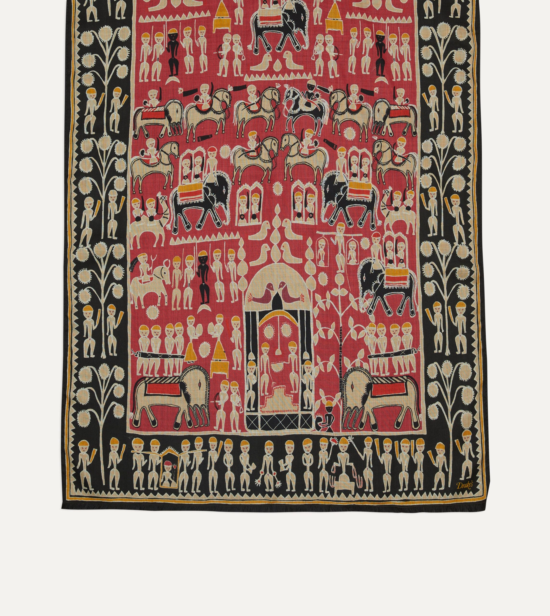 Black and Red Tribal Elephant Print Wool-Silk Scarf - Image 3