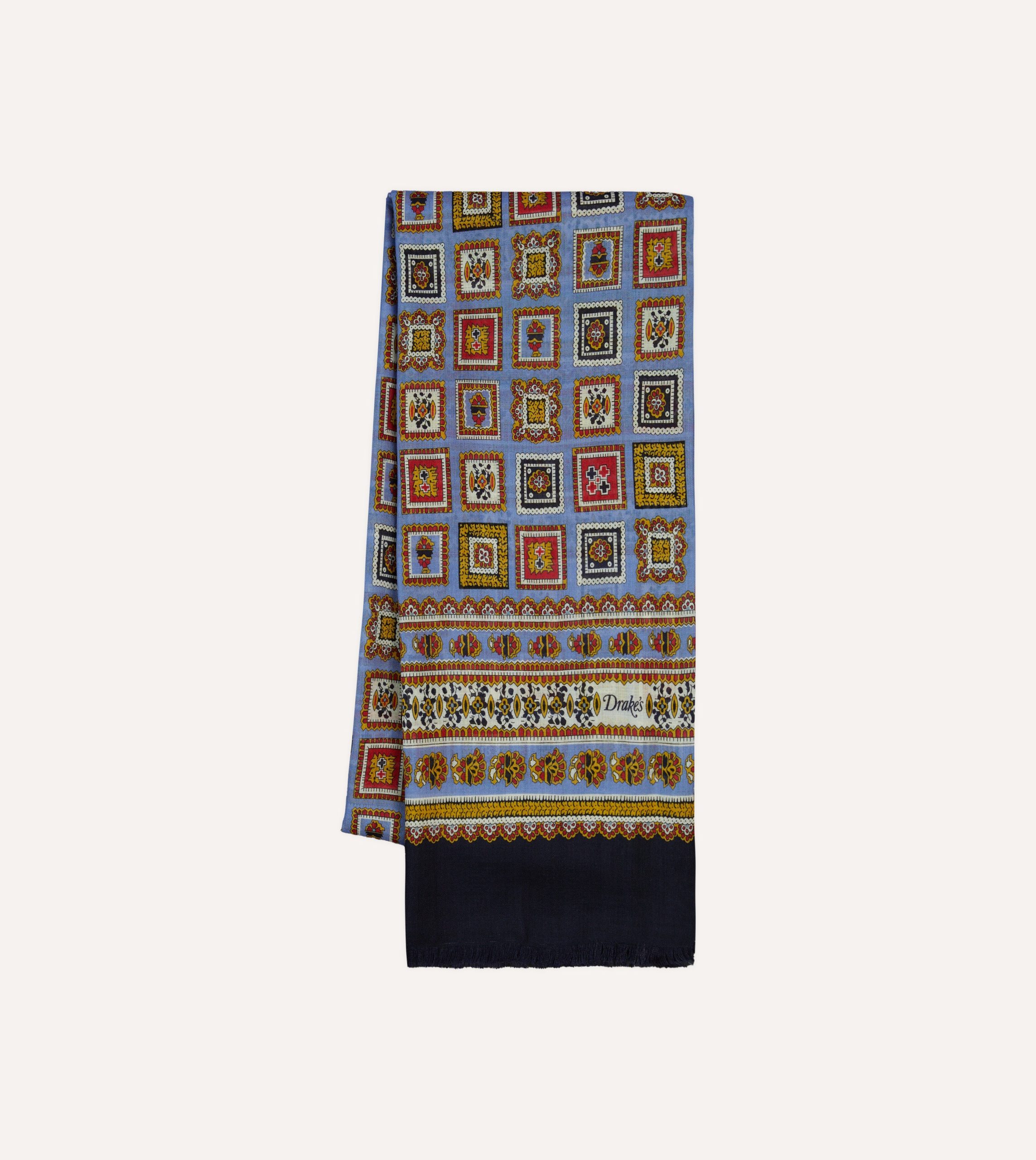 Blue and Black Medallion Print Tubular Wool Silk Scarf
