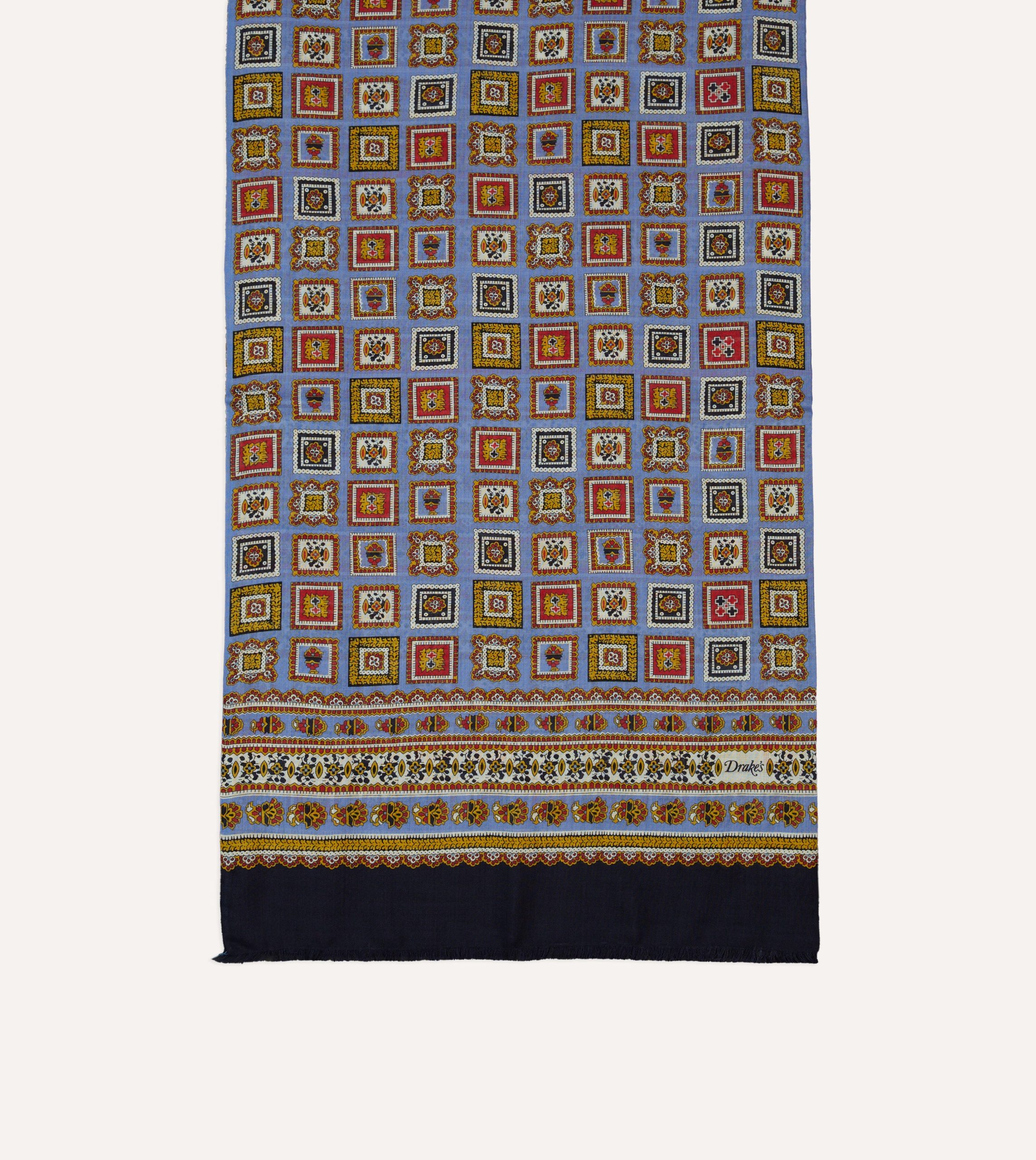 Blue and Black Medallion Print Tubular Wool Silk Scarf - Image 3