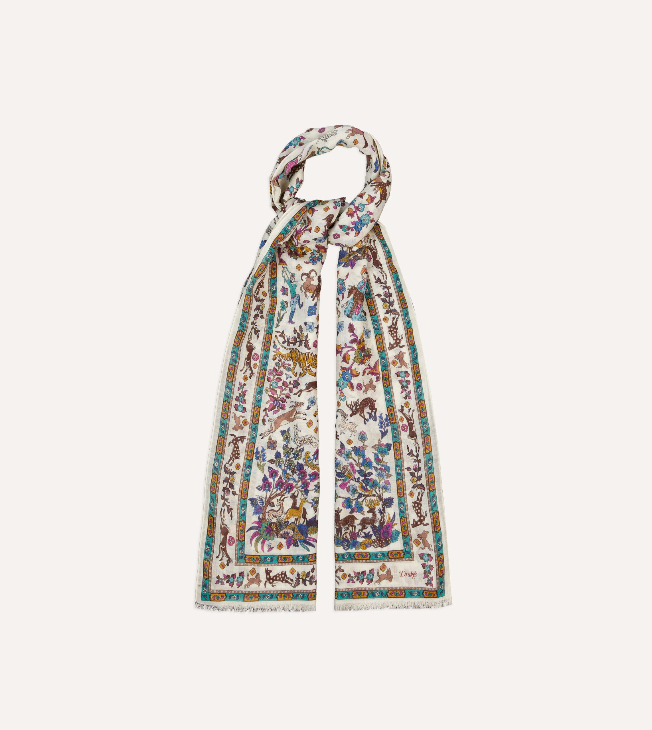Ecru Summer Mughal Print Wool Silk Scarf - Image 4