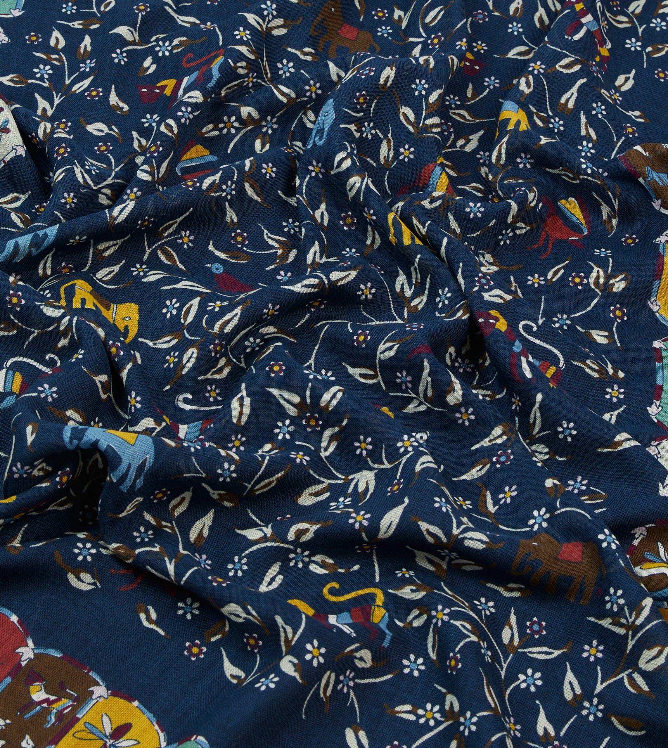 Navy Elephants and Flowers Print Wool-Silk Scarf - Image 2