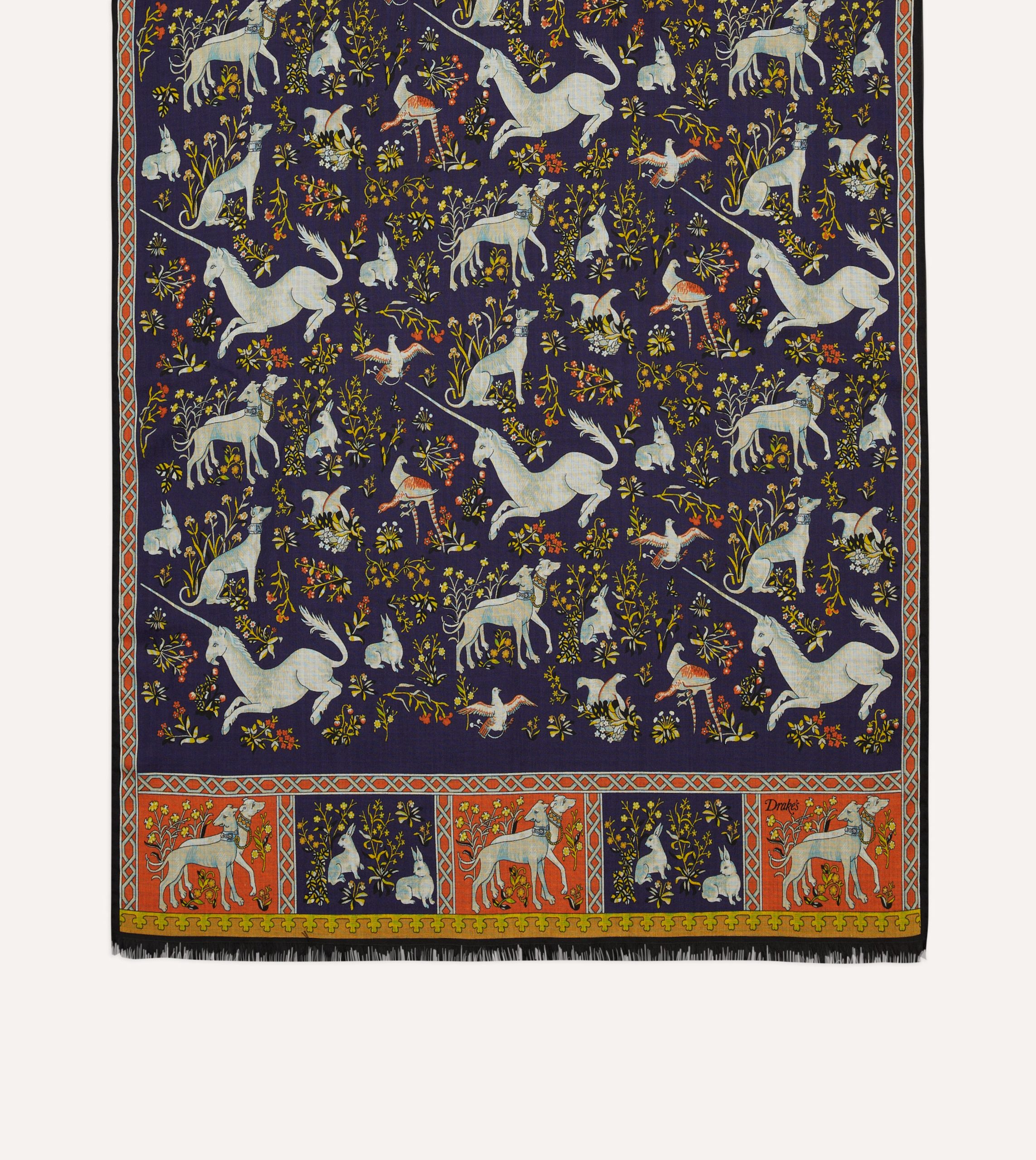 Navy Unicorn Tile Print Wool-Silk Scarf - Image 3