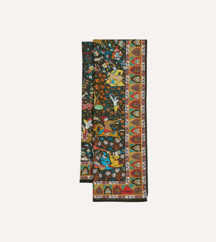 Green Mughal Garden Print Wool Silk Scarf