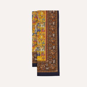 Yellow Elephant Village Print Wool-Silk Scarf