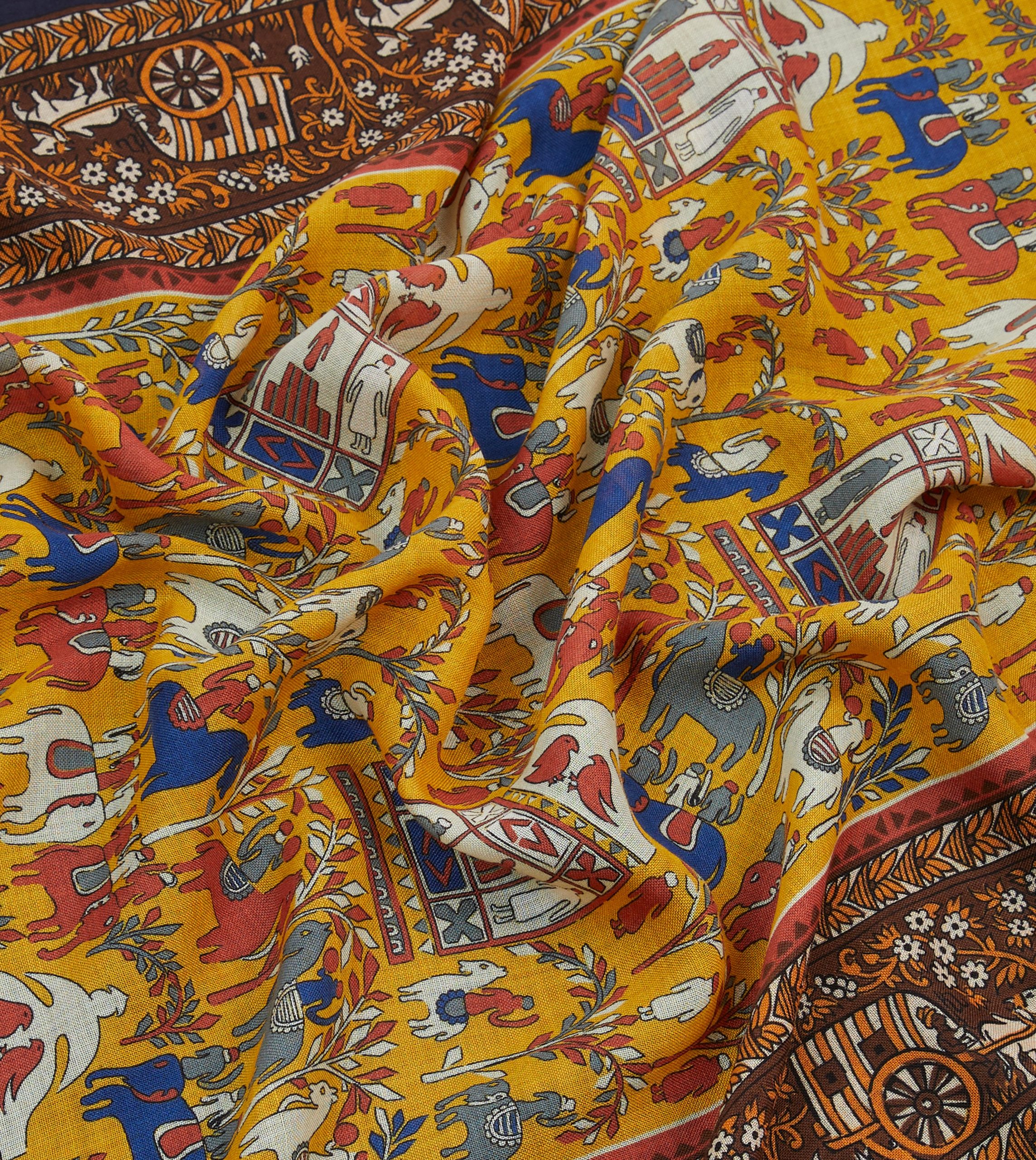 Yellow Elephant Village Print Wool-Silk Scarf - Image 2