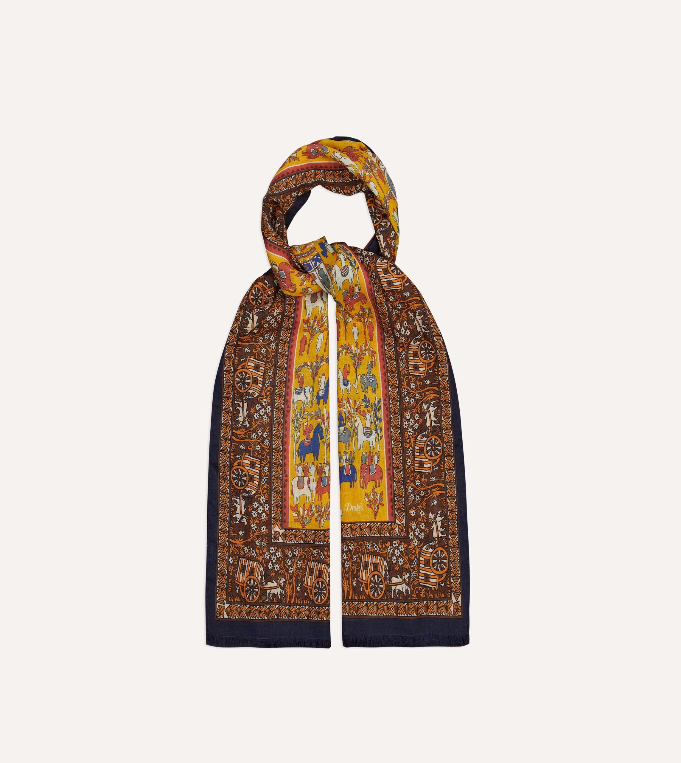 Yellow Elephant Village Print Wool-Silk Scarf - Image 4