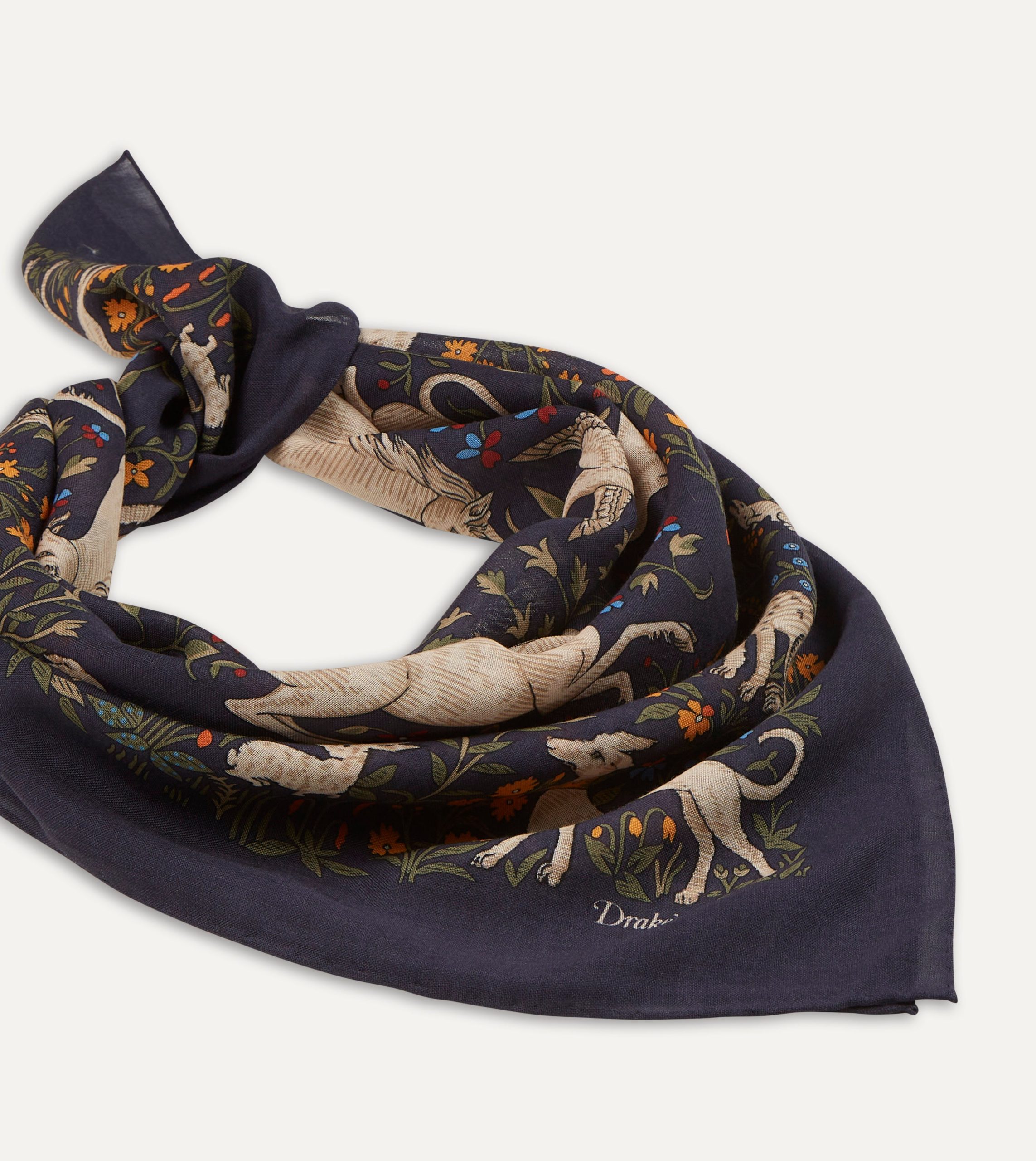 Navy Unicorn Print Wool-Silk Square Scarf - Image 3