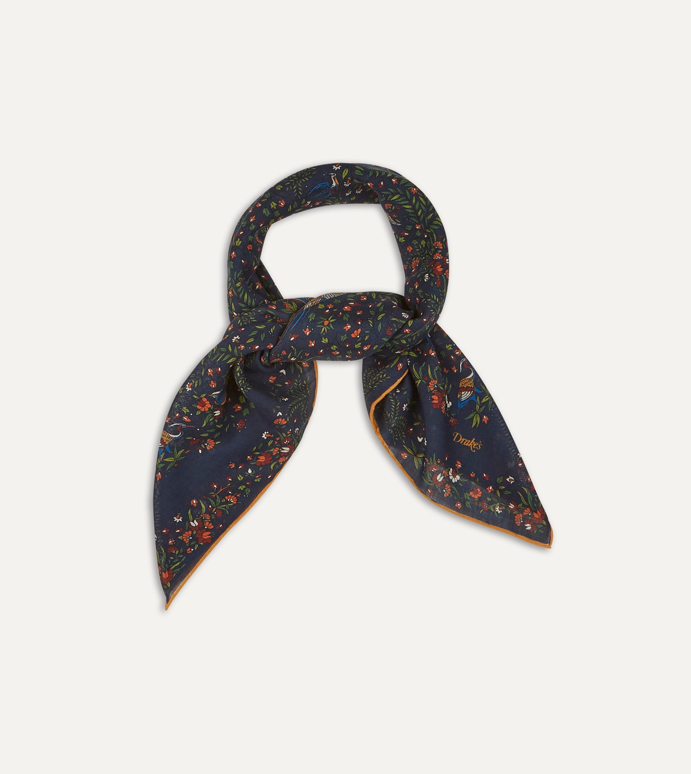 Navy Birds of Paradise Print Wool-Silk Square Scarf - Image 5
