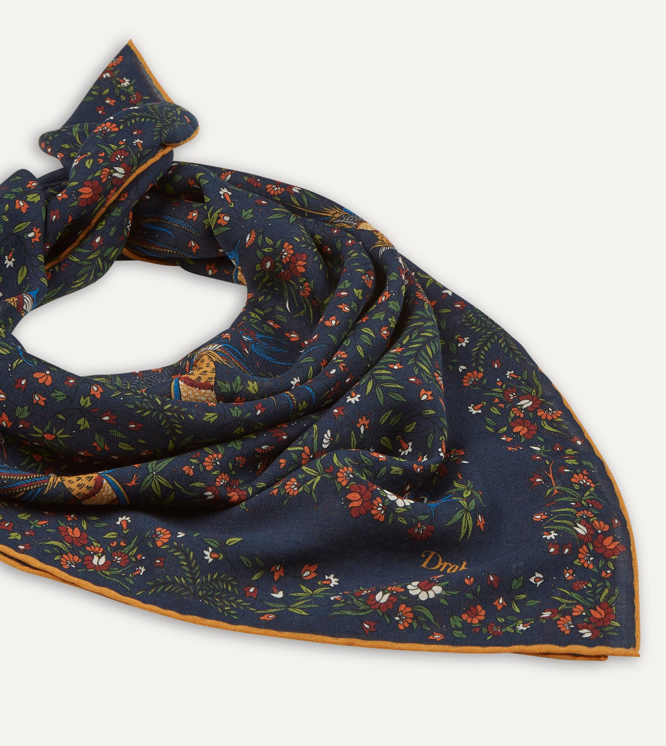 Navy Birds of Paradise Print Wool-Silk Square Scarf - Image 3