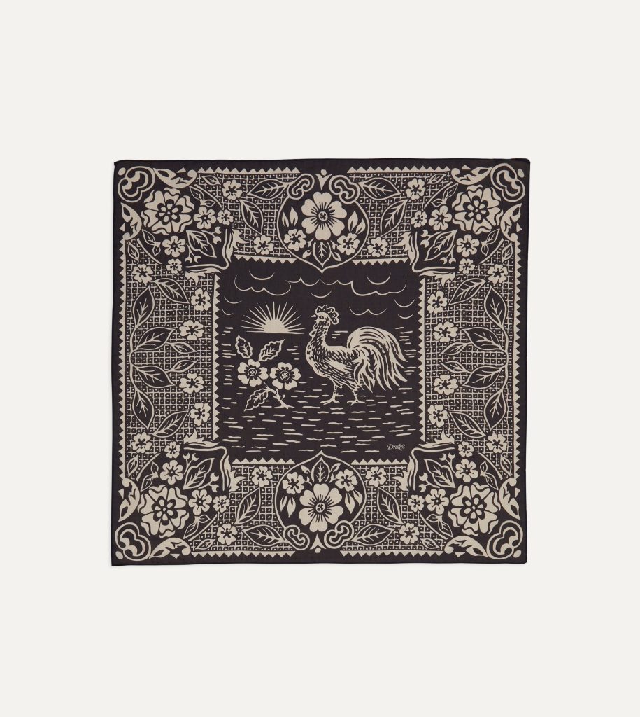 Navy Cockerel Print Silk-Cotton Bandana