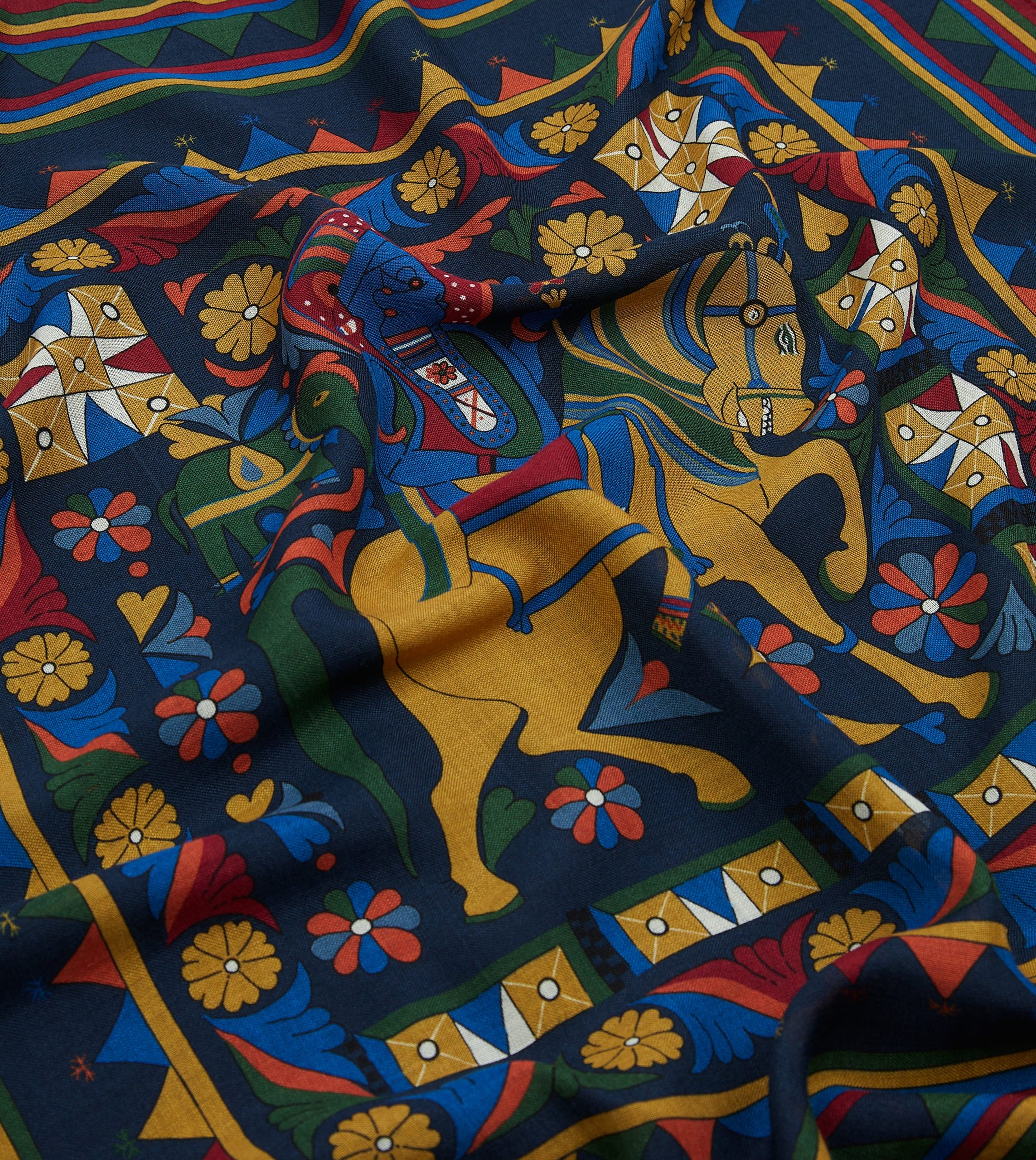 Navy Buddhist Rider Print Wool-Silk Bandana - Image 2