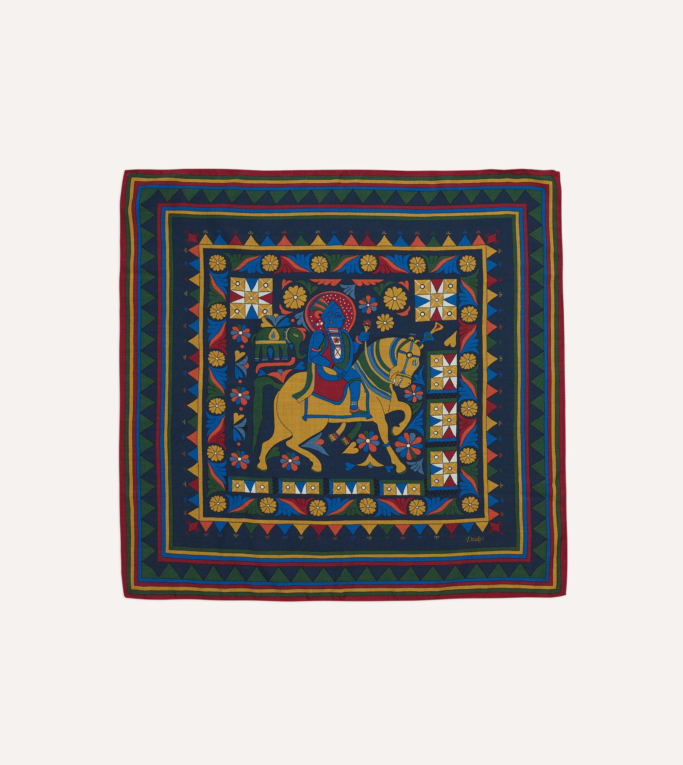 Navy Buddhist Rider Print Wool-Silk Bandana - Image 5