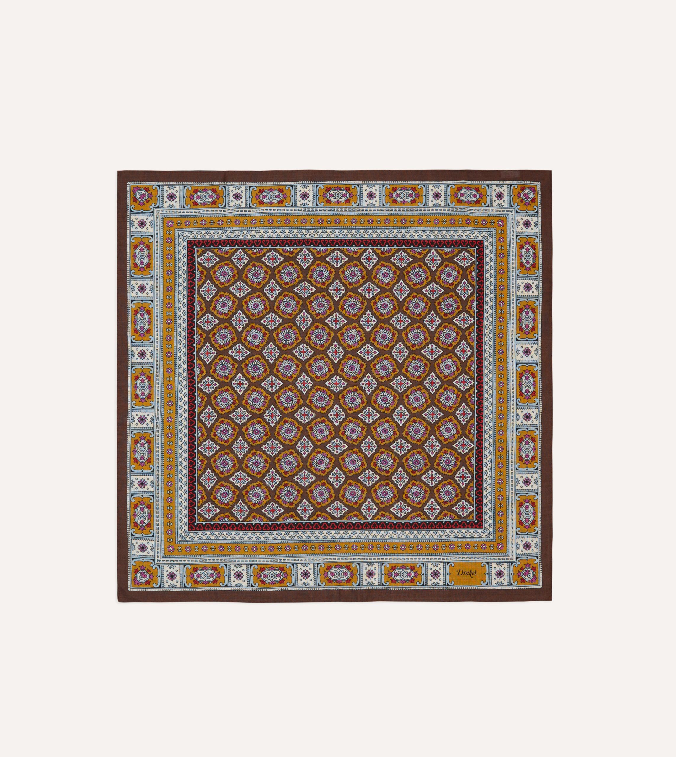 Brown. Blue and Gold Floral Medallion Print Wool-Silk Bandana