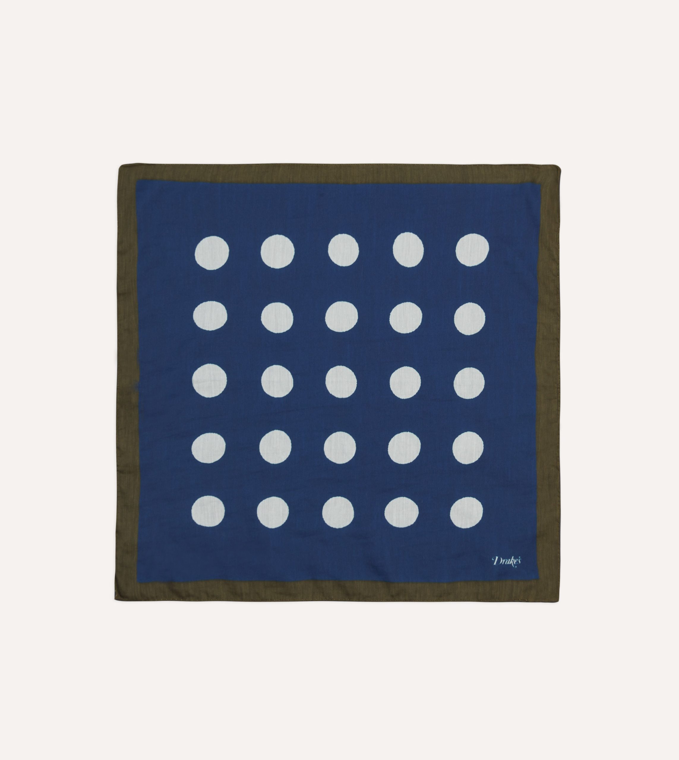 Olive. Navy and Ecru Large Spots Print Cotton-Silk Pocket Square