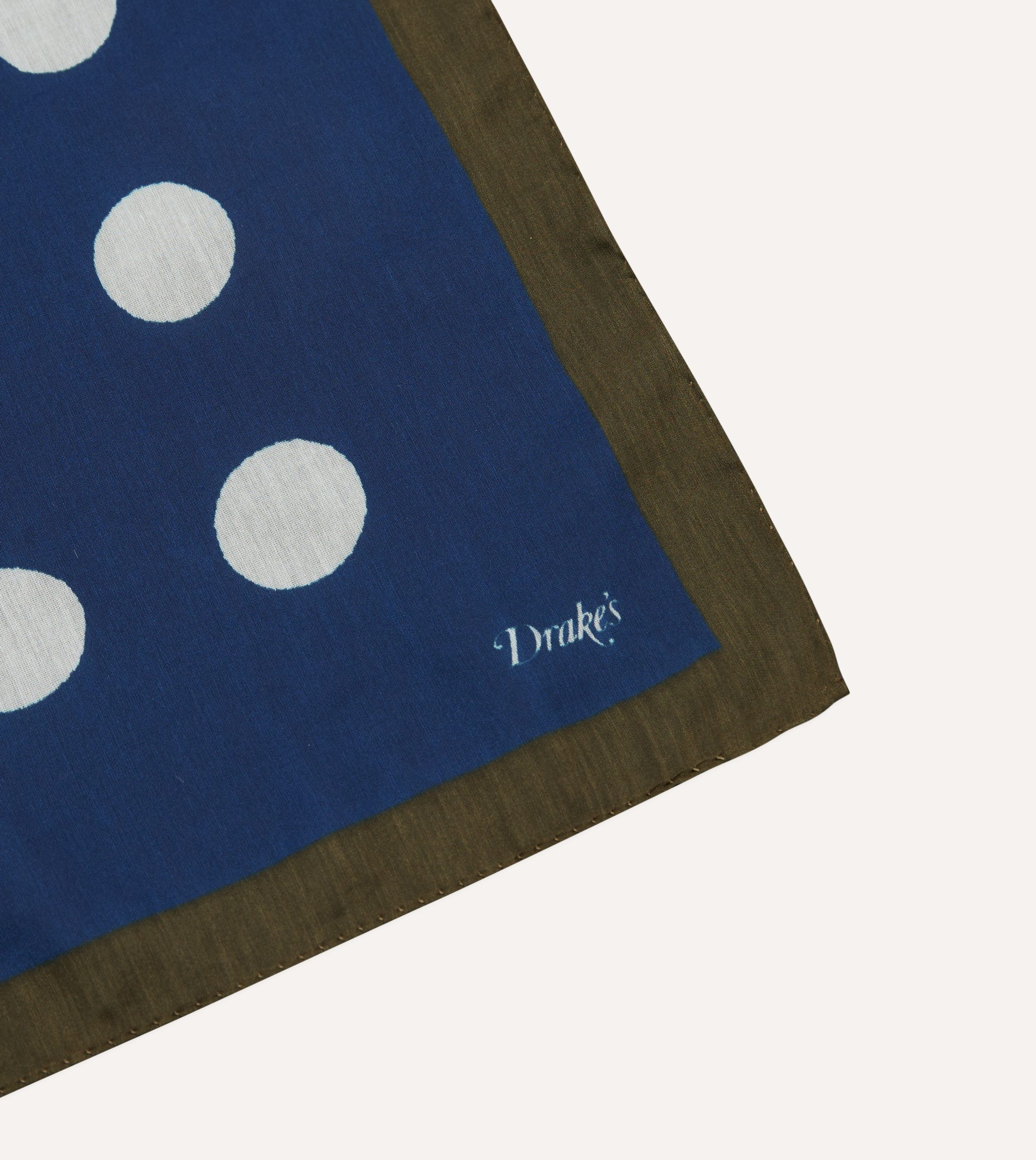 Olive. Navy and Ecru Large Spots Print Cotton-Silk Pocket Square - Image 3