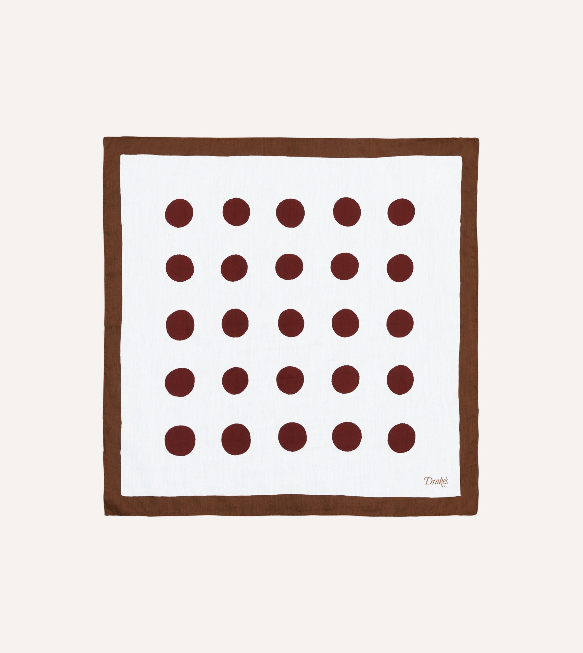 Brown. Ecru and Red Large Spots Print Cotton-Silk Pocket Square