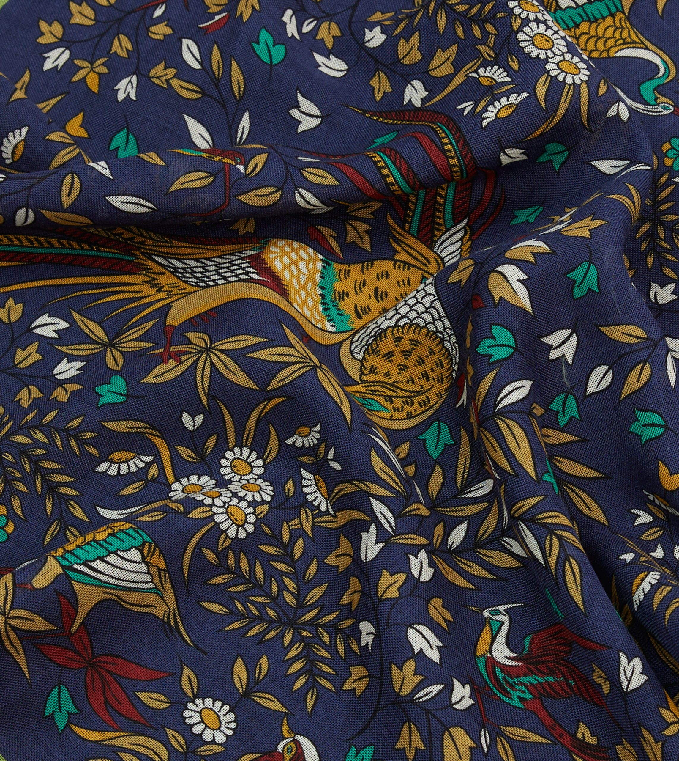 Navy Birds of Paradise Print Wool-Silk Pocket Square - Image 2